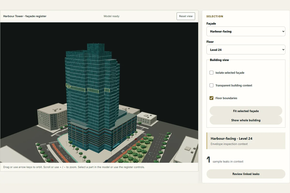Harbour Tower demo showing the building model and fictional maintenance records.